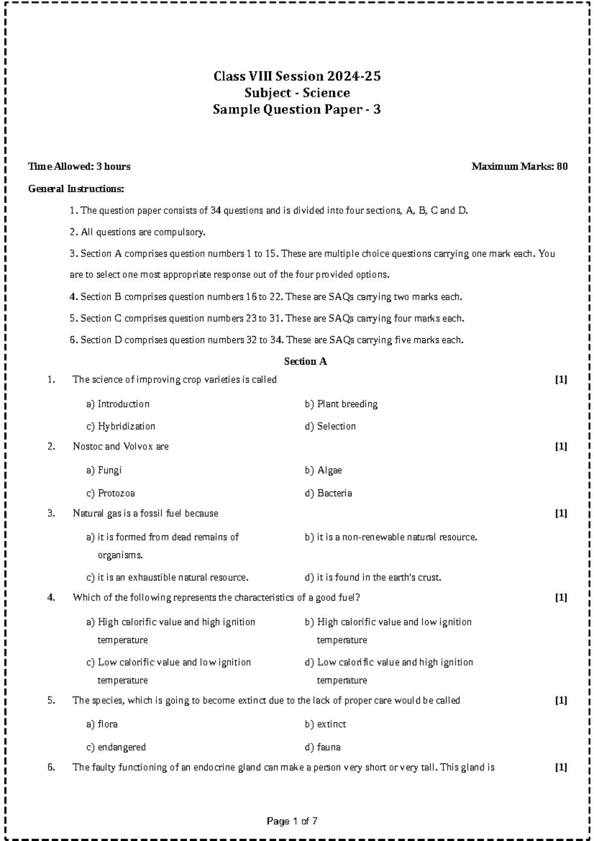Science Sample Question Paper 3 (Max Marks: 80, 3 Hours) - Studocu