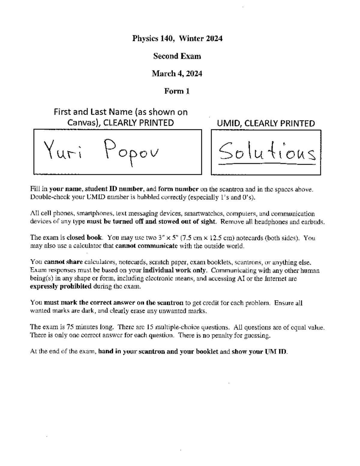 Physics 140 Winter 2024 Second Exam Instructions and Solutions - Studocu