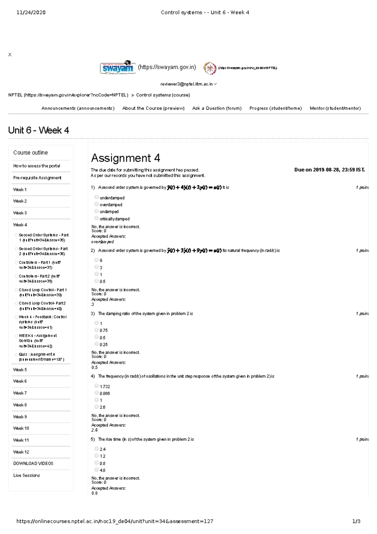 Control Systems (NPTEL) Unit 6 Week 4 Assignment Solutions - Studocu
