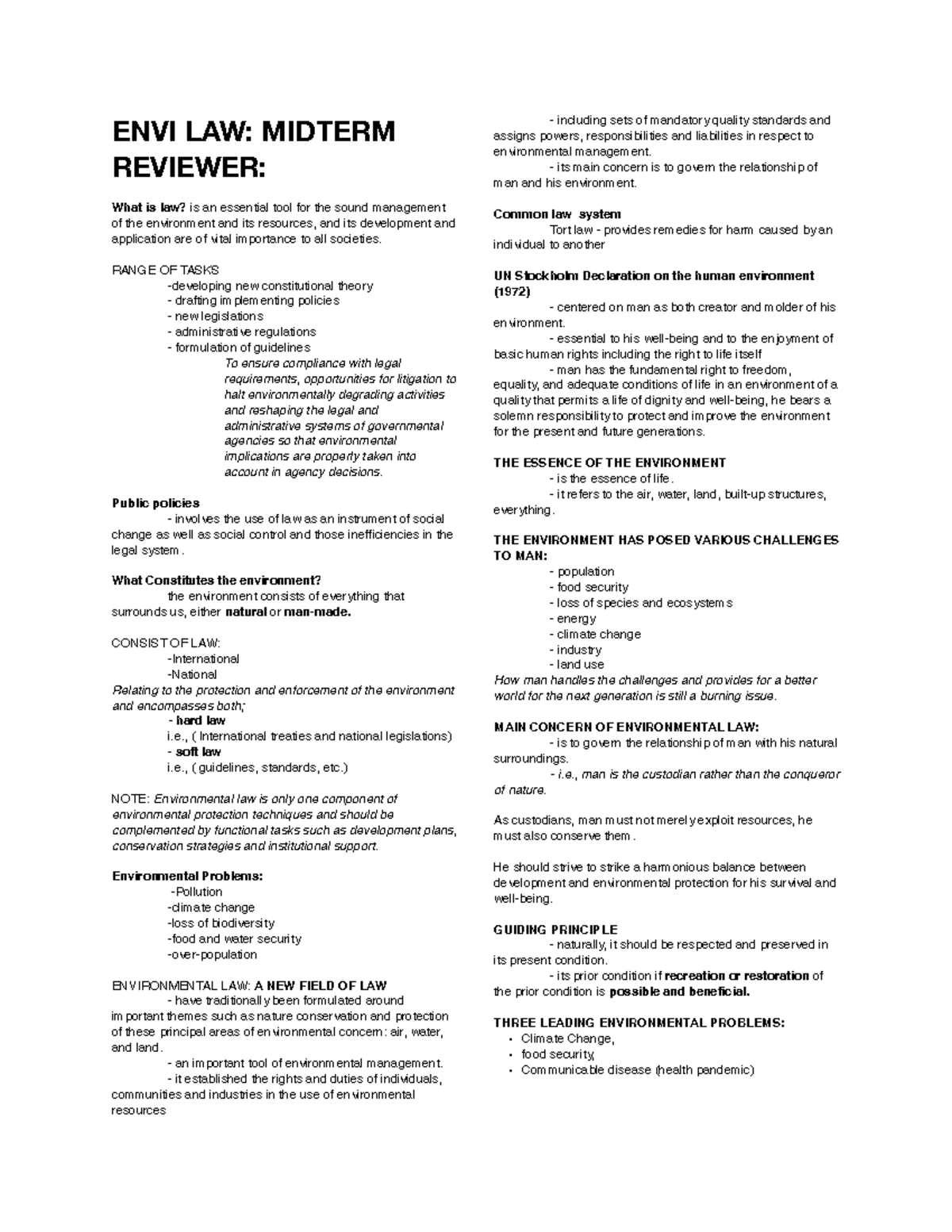 ENVI 101 Midterm Reviewer: Key Concepts in Environmental Law - Studocu
