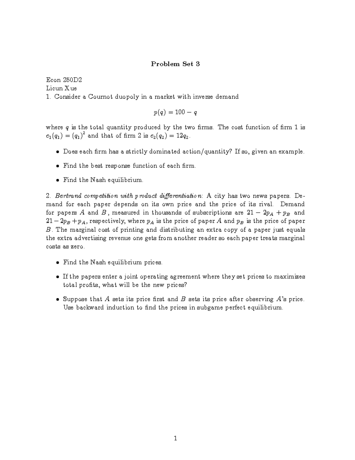 Problem Set 3 - Econ 250D2: Cournot & Bertrand Competition Analysis ...