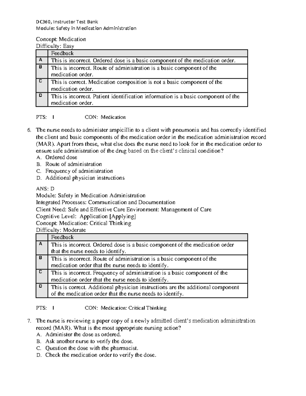 DC360 Test Bank: Safety in Medication Administration Concepts - Studocu