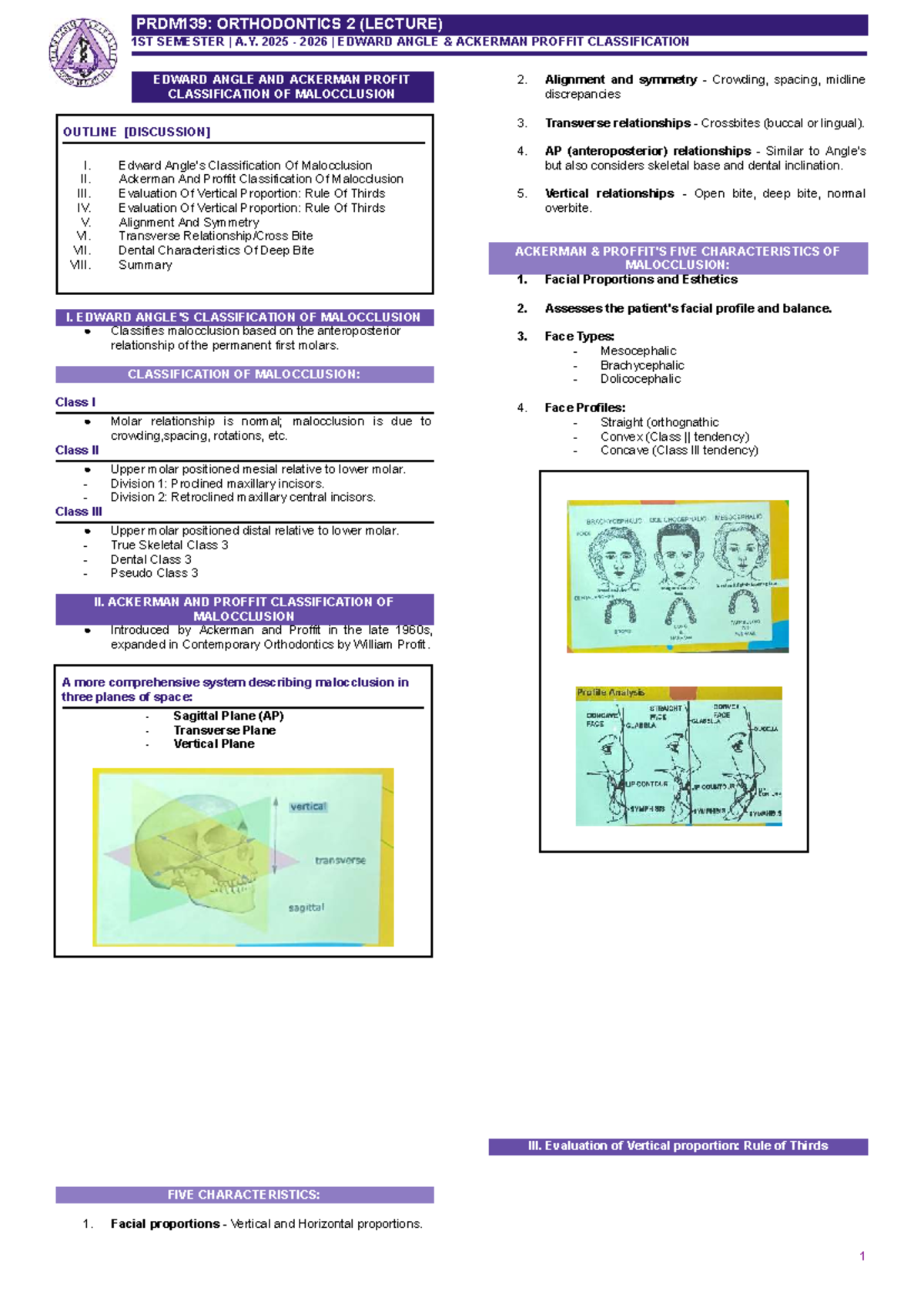 PRDM139: ORTHODONTICS 2 (LECTURE) PRELIMINARY CLASSIFICATION OF ...