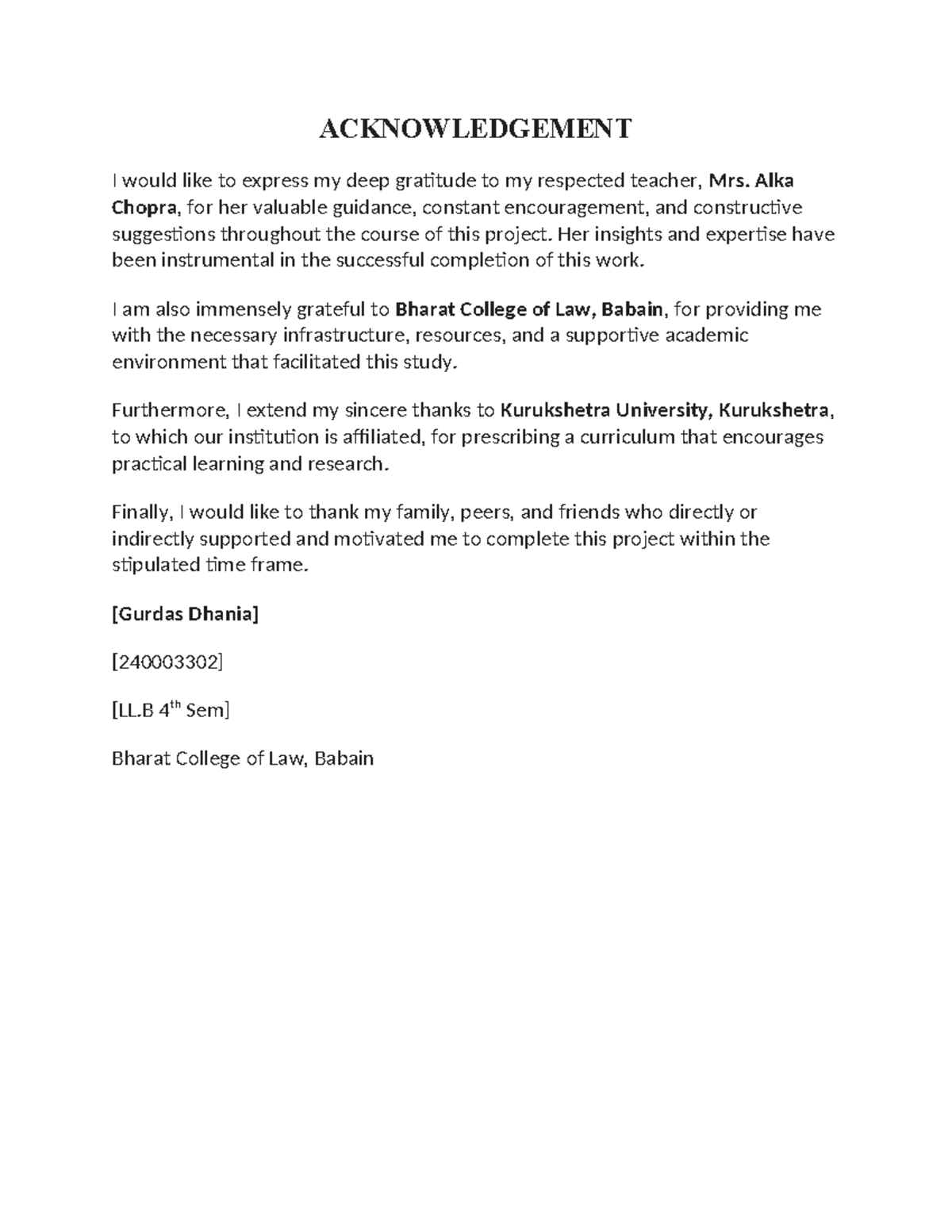 Acknowledgement for Project Completion at Bharat College of Law - Studocu