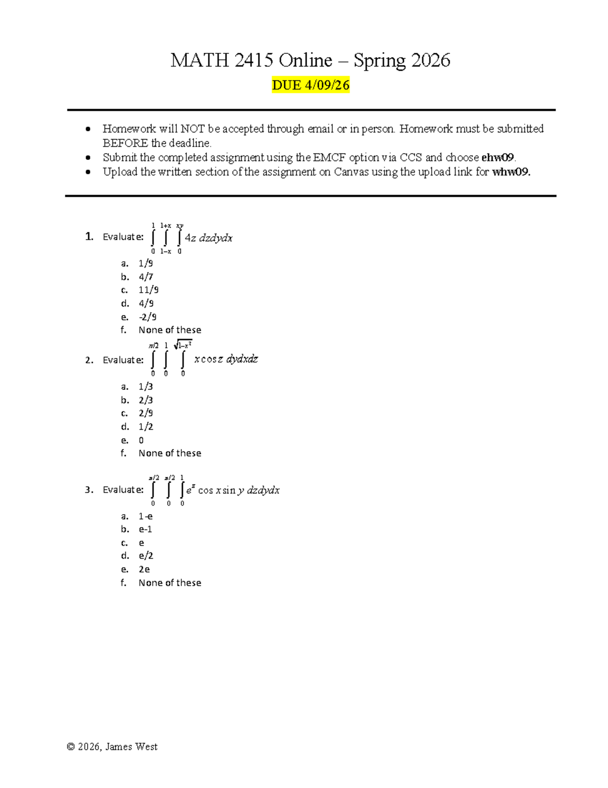 MATH 2415 Spring 2026 Ehw09 Homework Assignment Instructions - Studocu