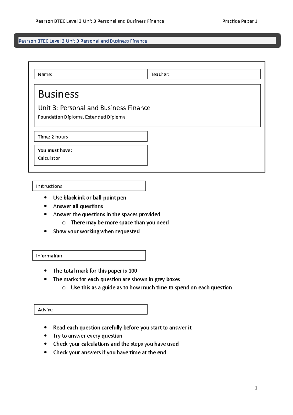 BTEC Level 3 Unit 3 Personal and Business Finance Practice Qs - Studocu