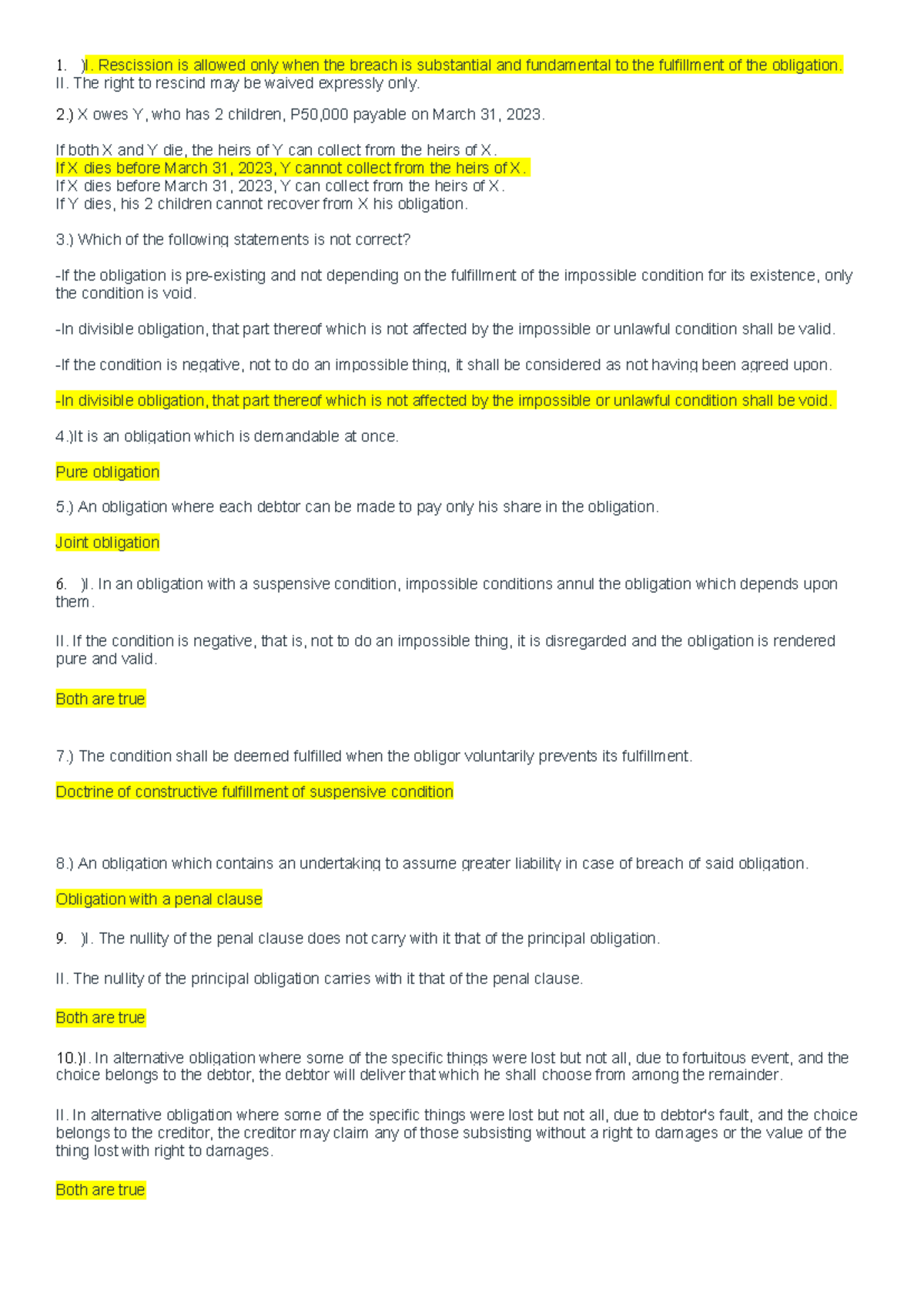 LAW Midterm Exam Answer Key: Obligations and Contracts - Studocu
