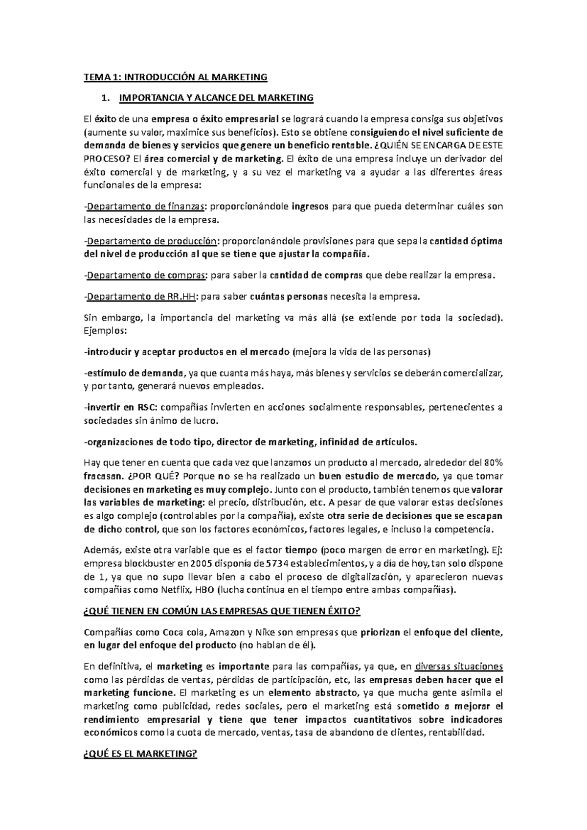 TEMA 1: Introducción al Marketing y su Importancia en la Empresa - Studocu