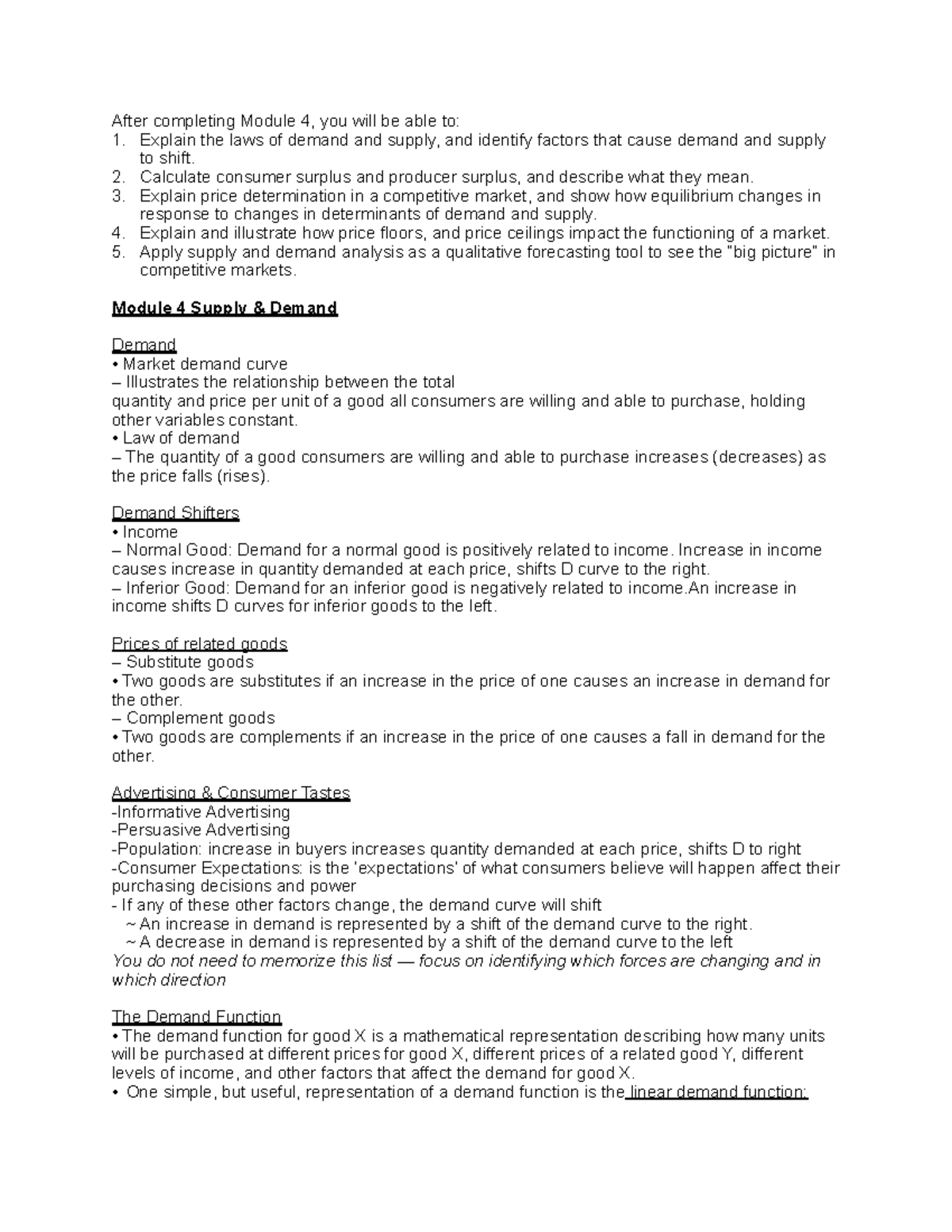 Econ 101 Module 4 Final Exam Notes: Demand & Supply Analysis - Studocu