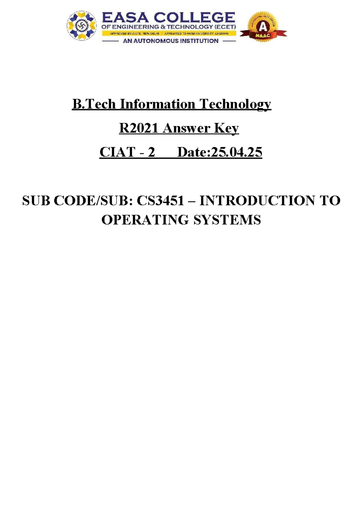 B.Tech CS3451 Final Exam Answer Key for Operating Systems (CIAT 2 ...