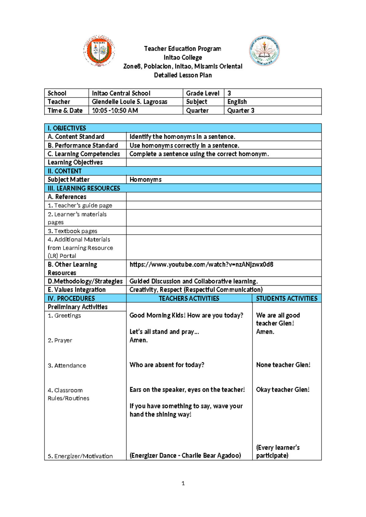 Detailed Lesson Plan on Homonyms - English 3 - Teacher Education ...