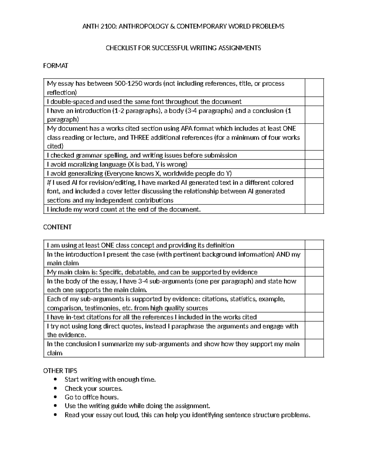 ANTH 2100: CWP Checklist for Writing a Successful Paper - Studocu