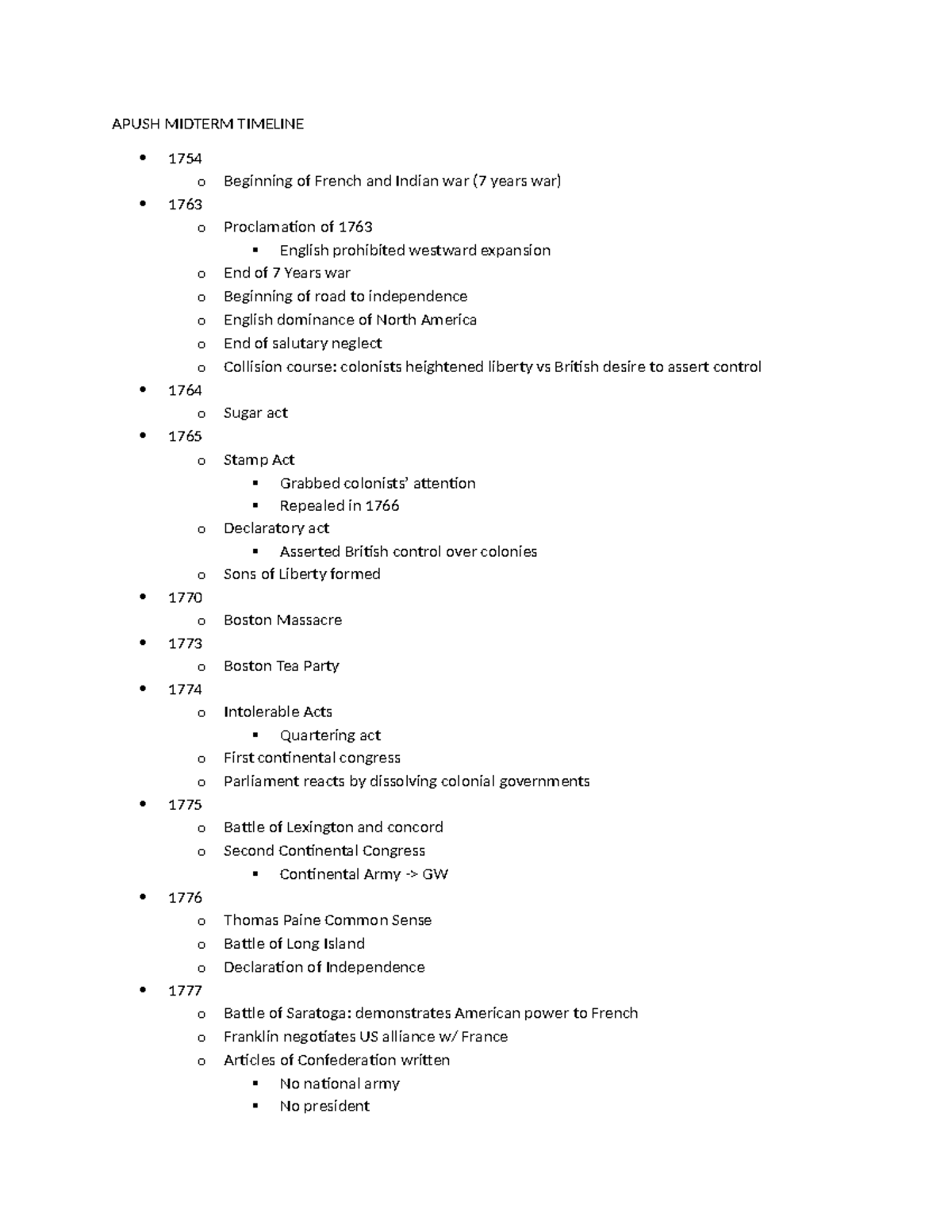 APUSH Midterm Study Guide: Key Events Timeline from 1754-1865 - Studocu