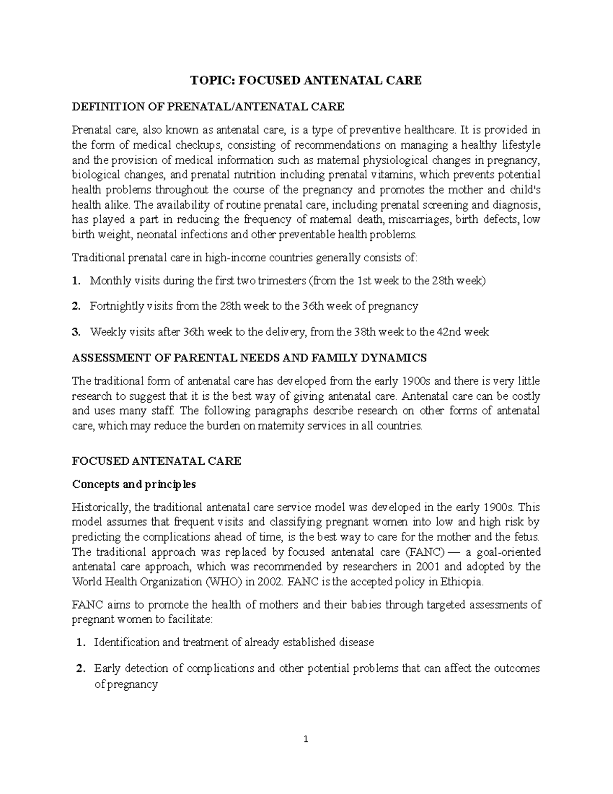 Focused Antenatal Care in Maternal and Child Health Nursing - Studocu