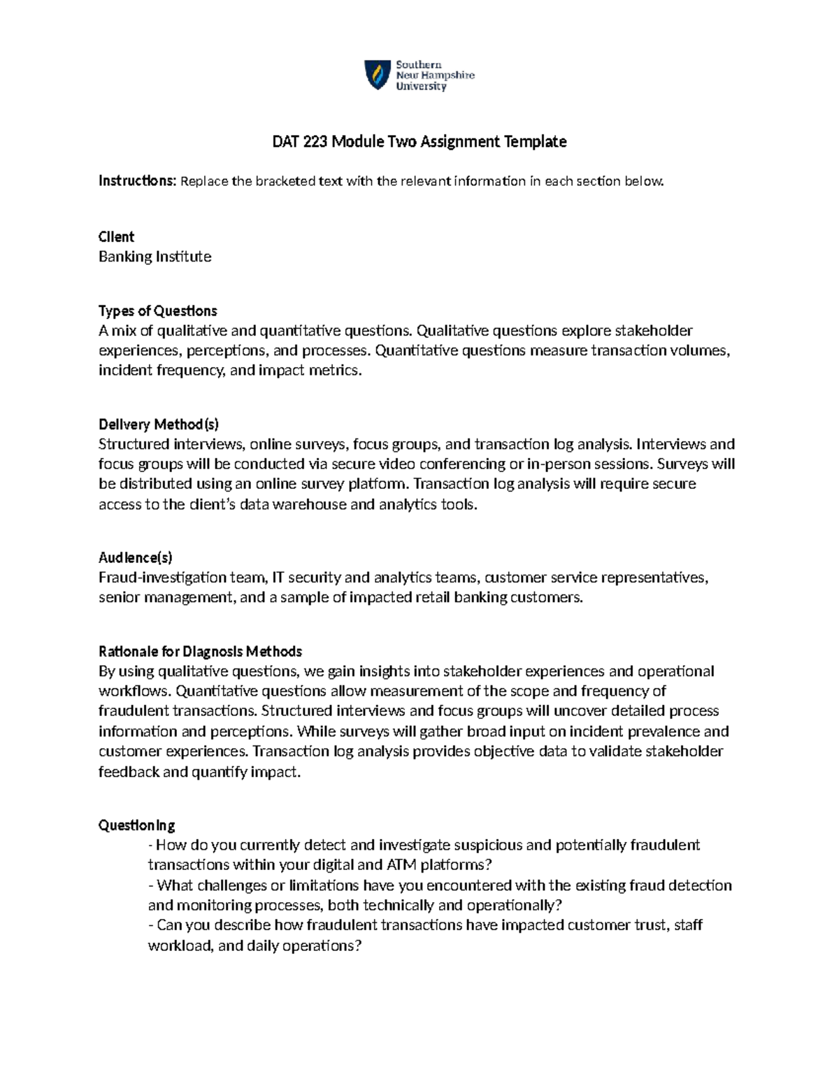 DAT 223 Module 2 Assignment: Client Banking Institute Analysis - Studocu