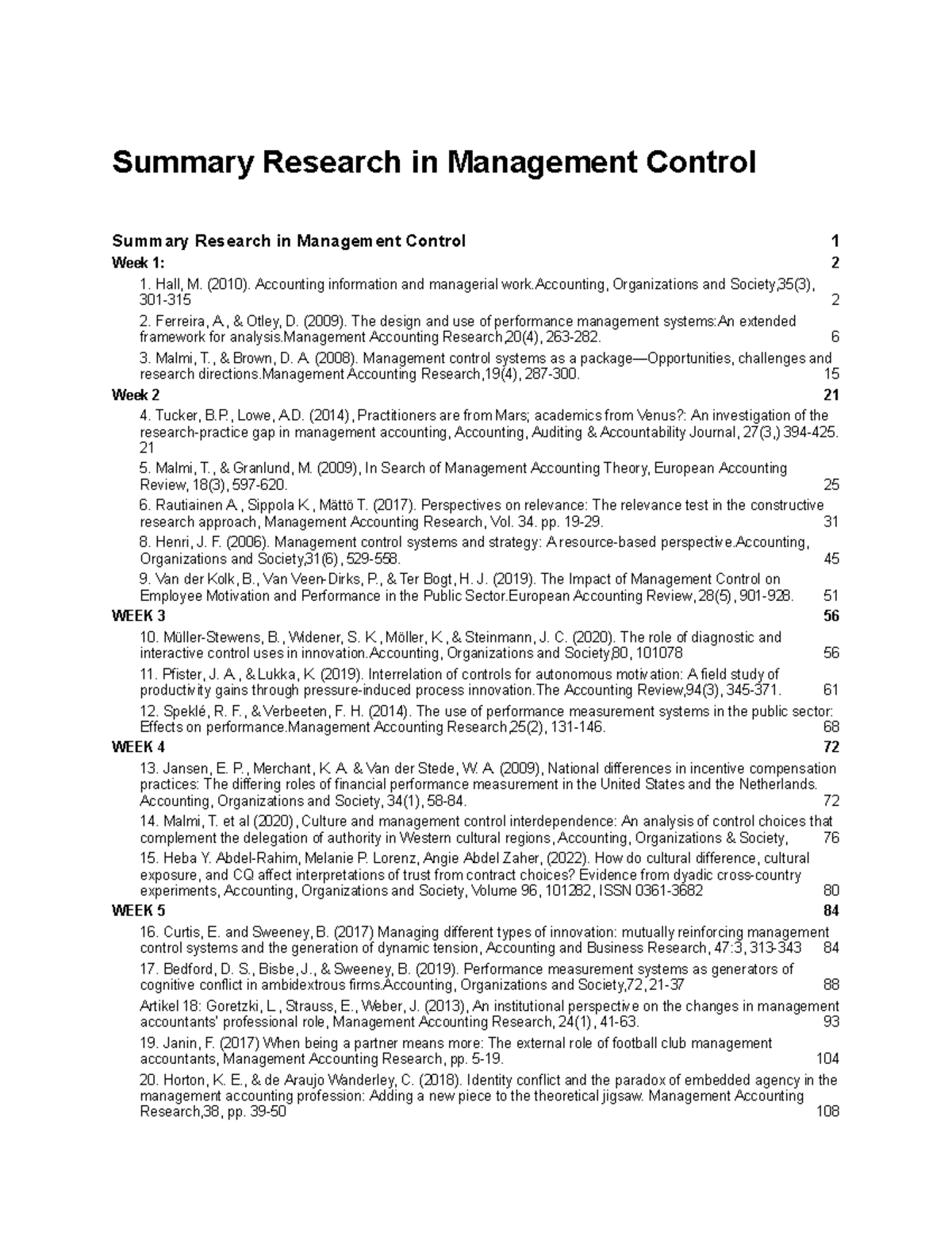 Summary of Research in Management Control (MGT 101) - Studeersnel