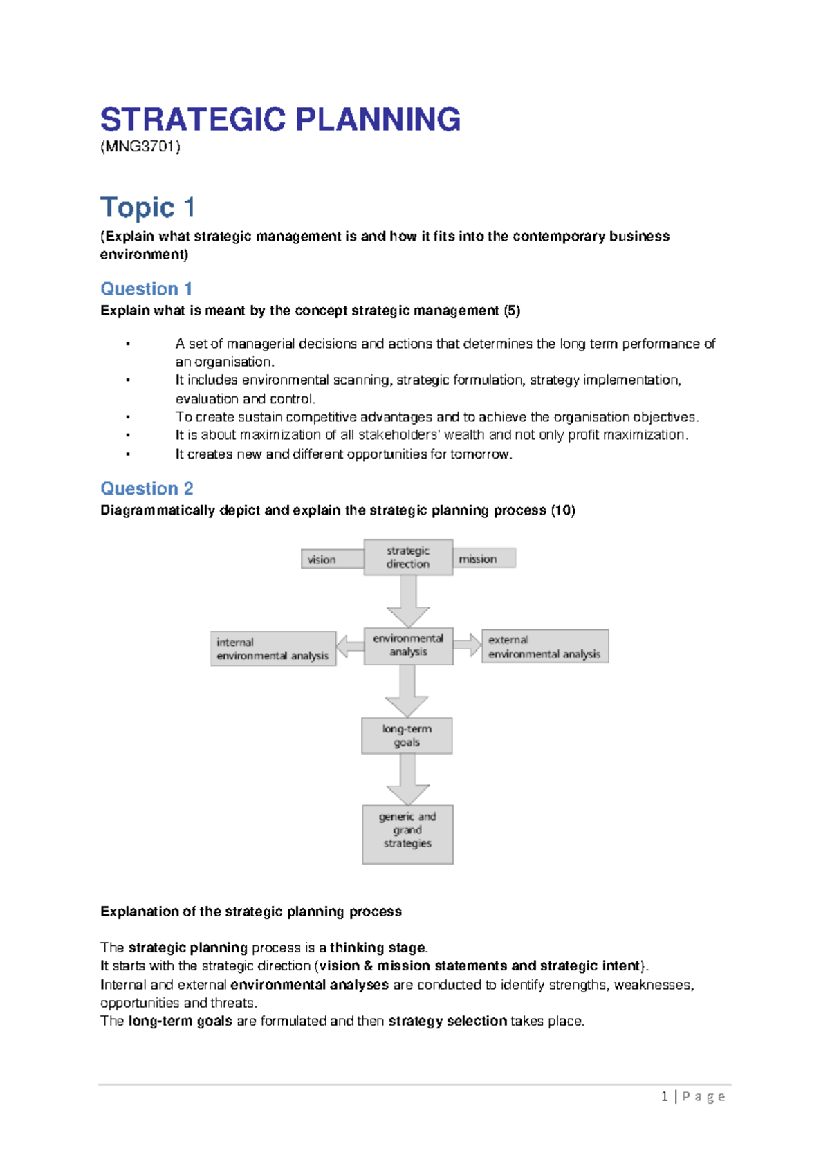 MNG3701 Strategic Planning Notes: Comprehensive Study Guide - Studocu