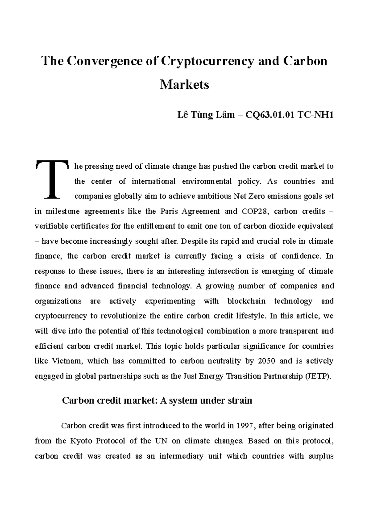 The Convergence of Cryptocurrency and Carbon Markets: CQ63.01.01 - Studocu