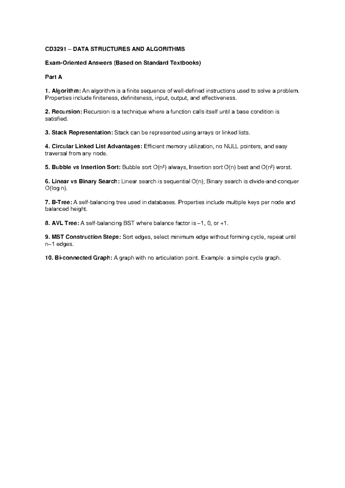 CD3291 DATA STRUCTURES & ALGORITHMS Exam Answers Summary - Studocu