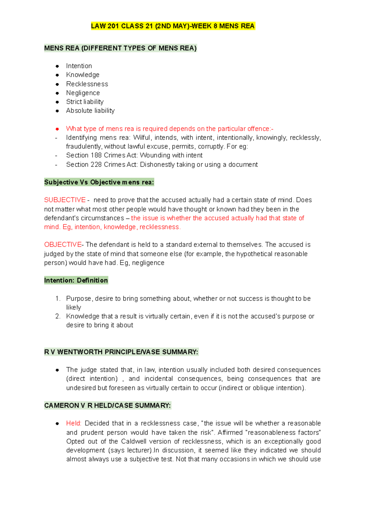 LAW 201 Class 21 (2ND May) - LAW 201 CLASS 21 (2ND MAY)-WEEK 8 MENS REA ...