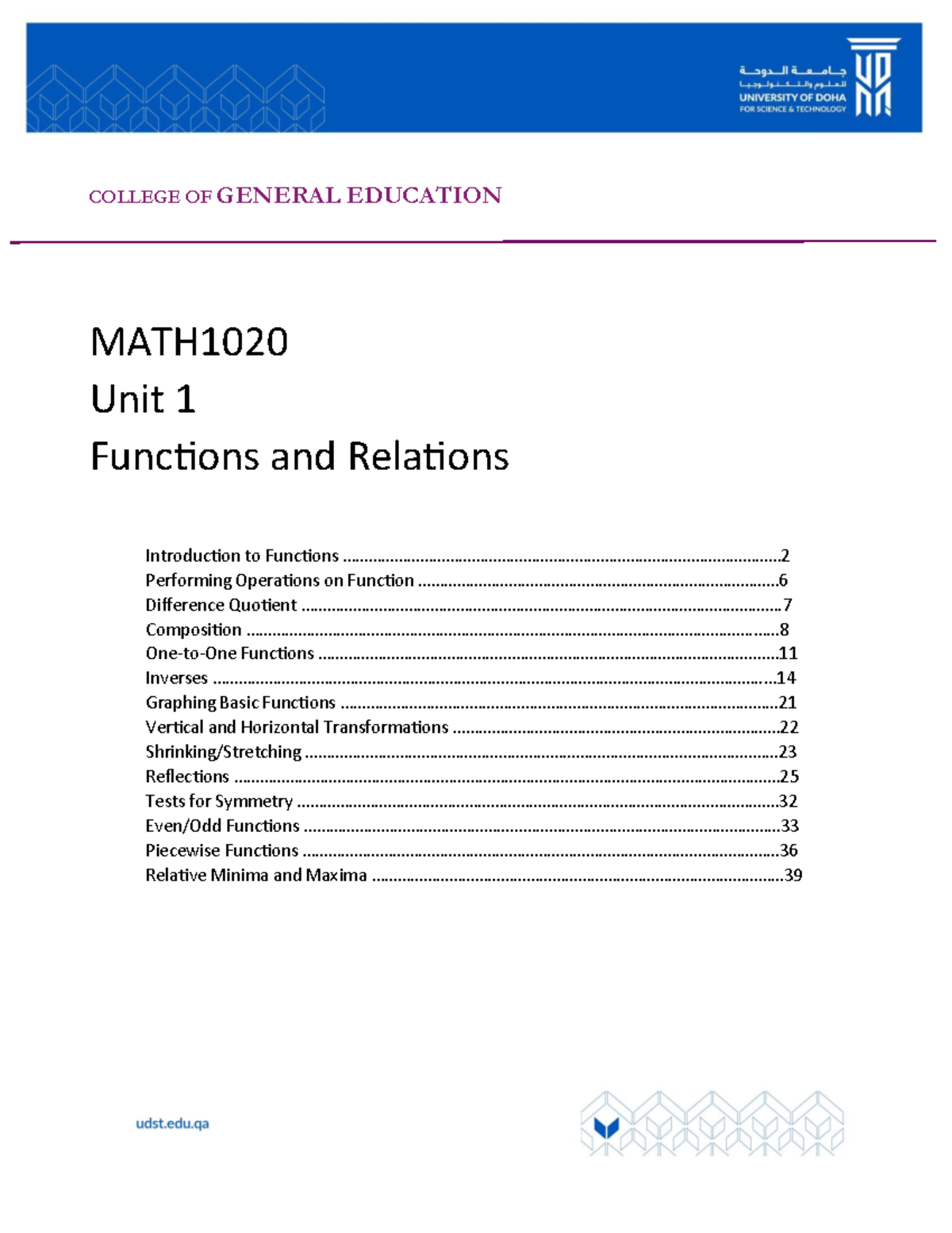 MATH1020 - Functions and Relations: Overview and Key Concepts - COLLEGE ...