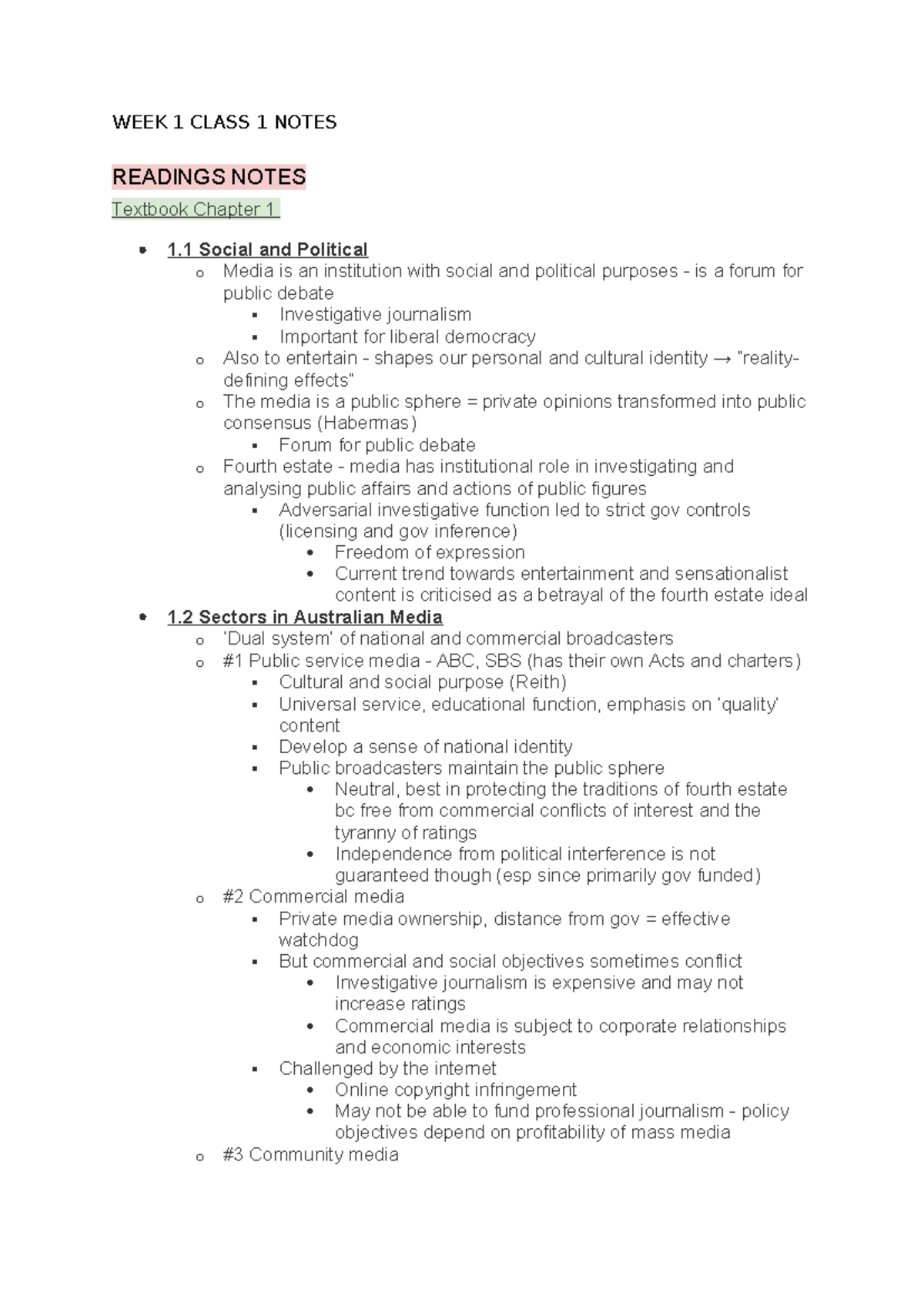 Media LAW WEEK 1 Class 1 Notes - WEEK 1 CLASS 1 NOTES READINGS NOTES ...