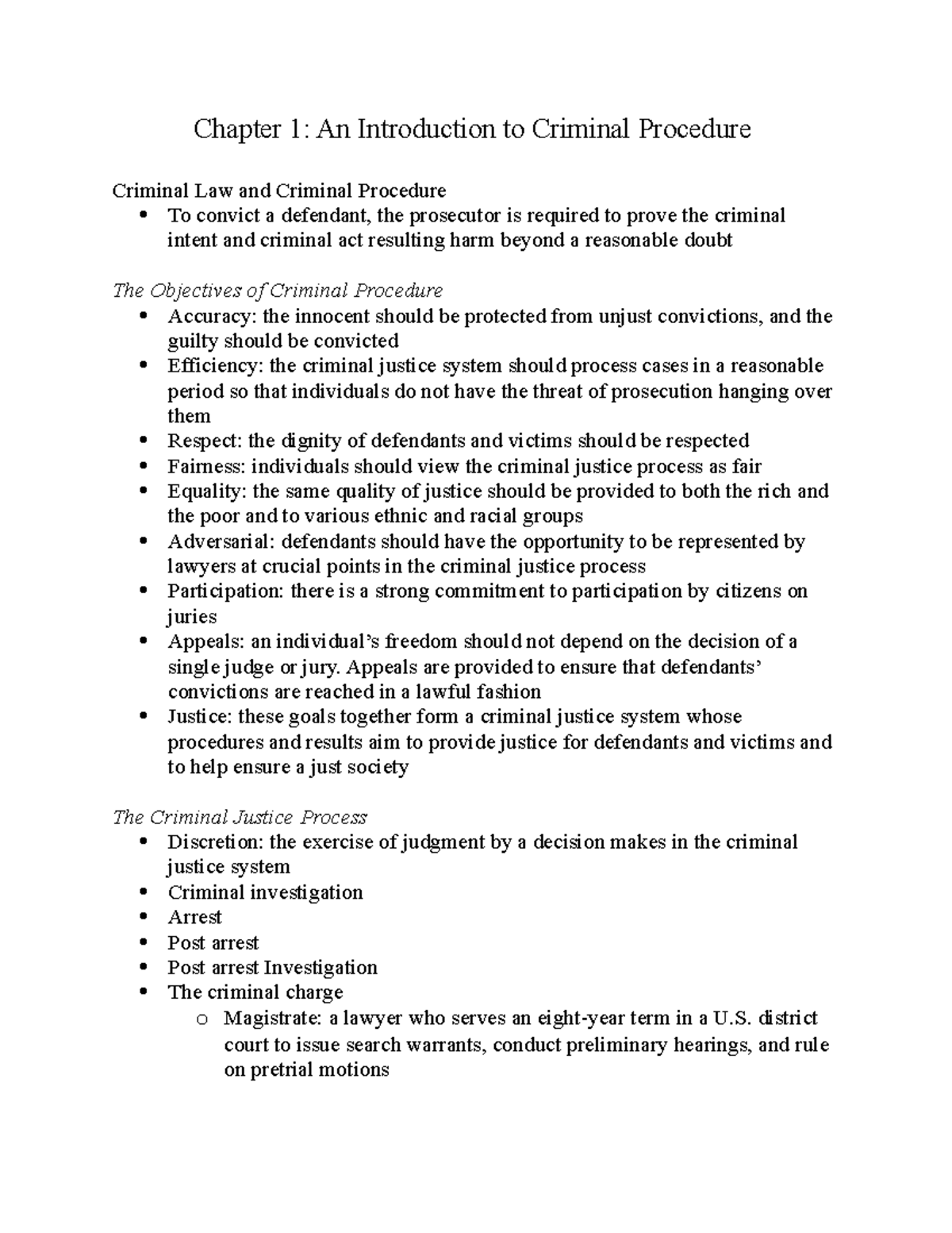 Chapter 1 Notes - Introduction to Criminal Procedure (CRIM 101) - Studocu