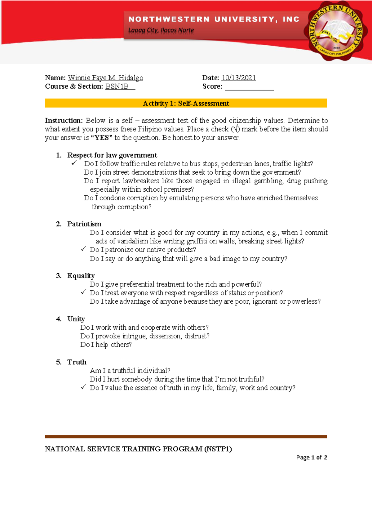 Activity 1 SELF Assessment Assignment NSTP - NATIONAL SERVICE TRAINING ...