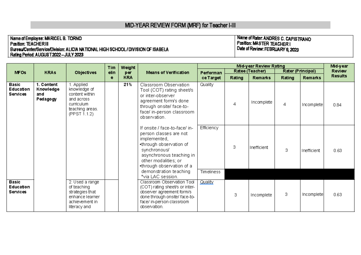 Mid-Year Review Form (MRF) for Teacher Maricel B. Torno 2022-2023 - Studocu