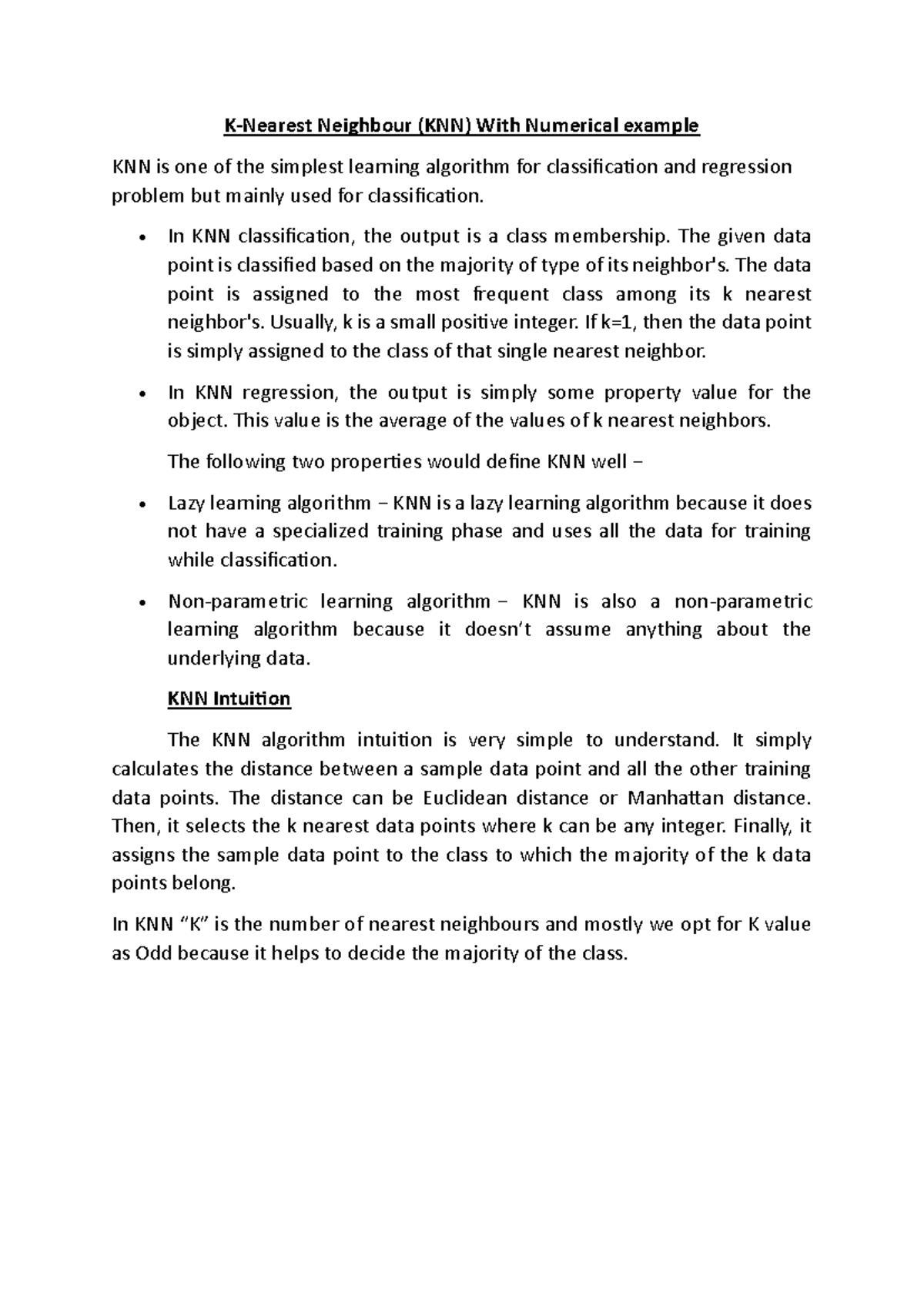 KNN Algorithm (CS101) - Detailed Notes with Numerical Examples - Studocu