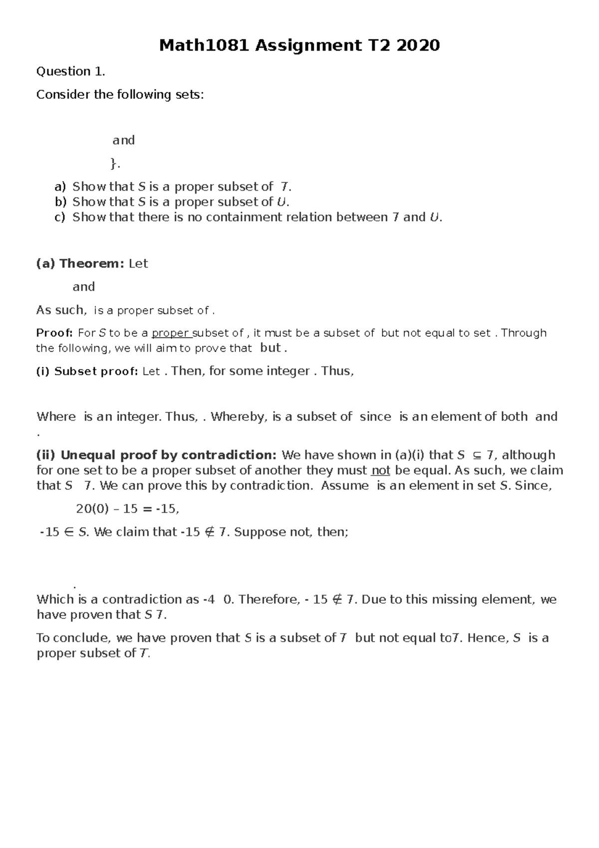 Math1081 Assignment T2 2020: Proper Subsets and Induction Proofs - Studocu