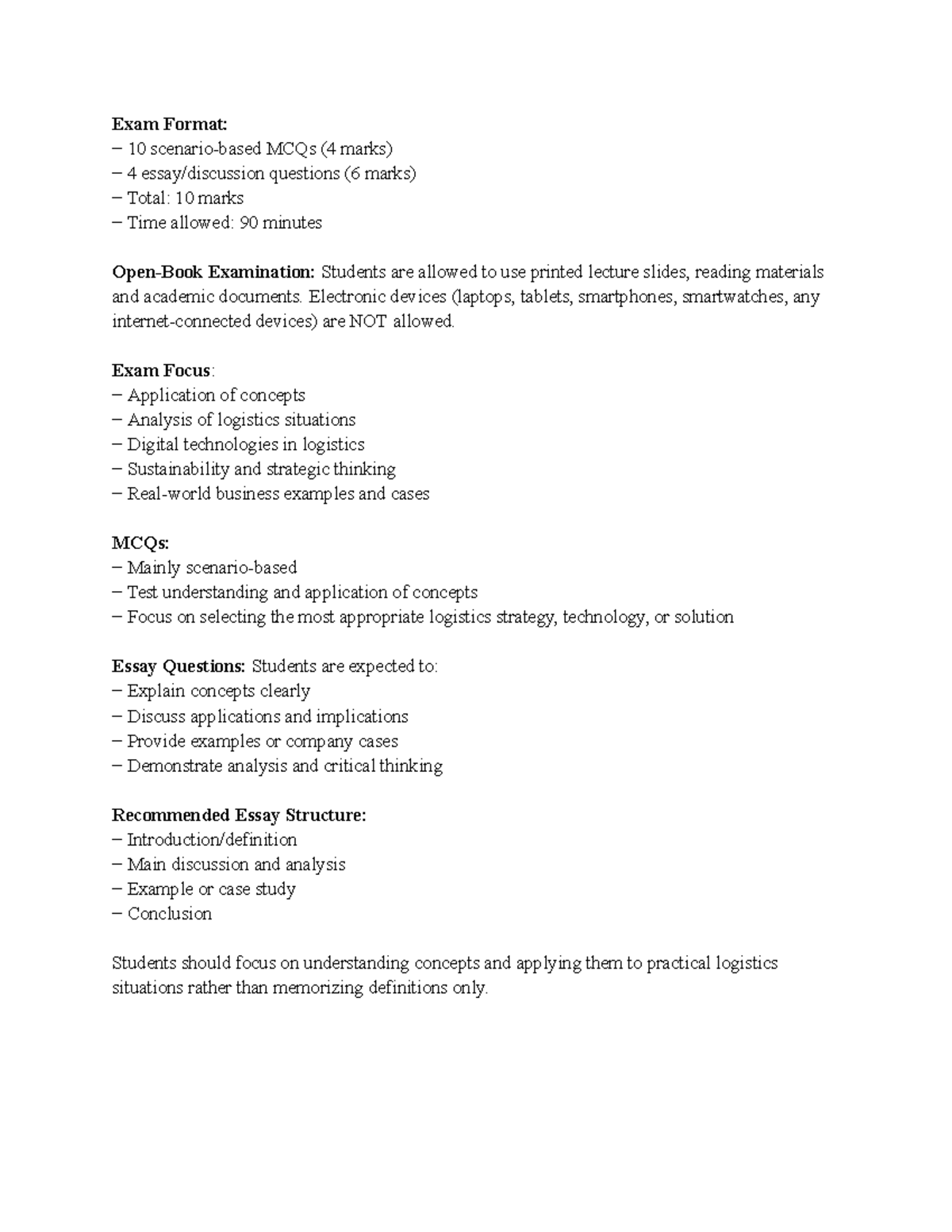 E LOG Final Exam: Format, Focus, and Structure Guidelines - Studocu
