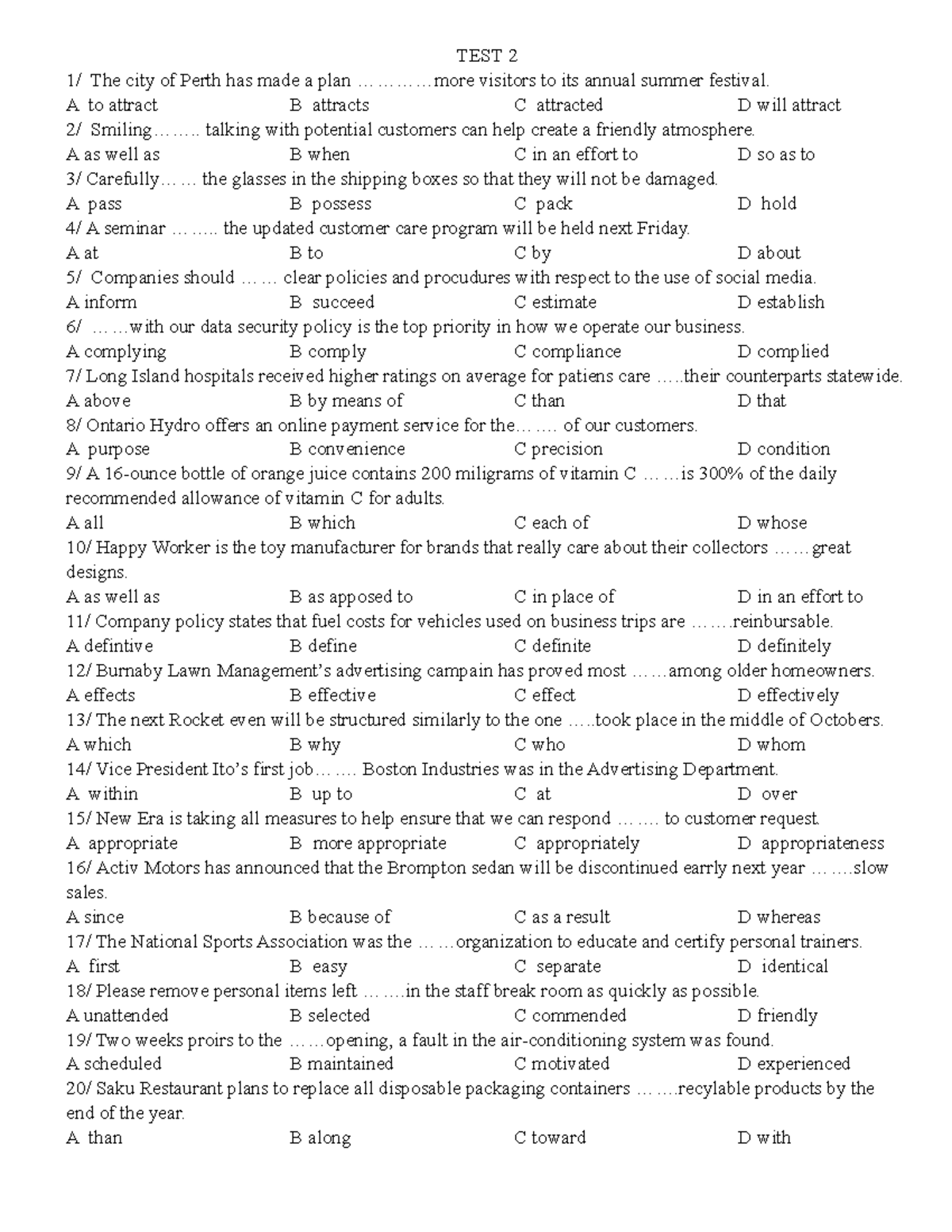 Test 2 - TOEIC Practice Questions and Answers - Studocu