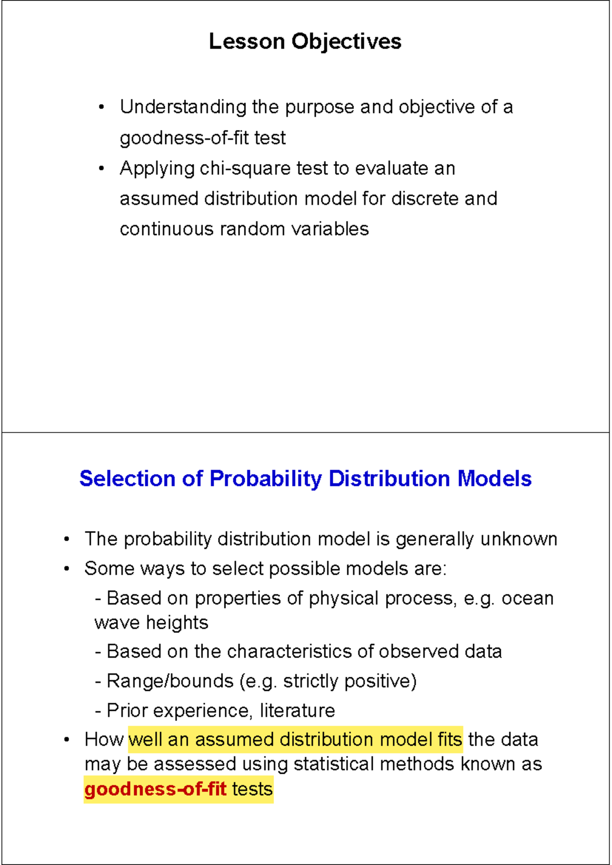 Lesson Objectives: Goodness of Fit Test for Probability Distributions ...