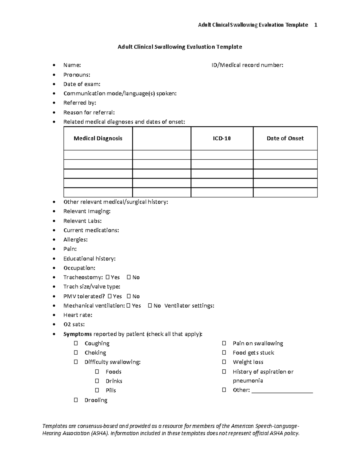 Adult Clinical Swallowing Evaluation Template - CSE 101 - Studocu