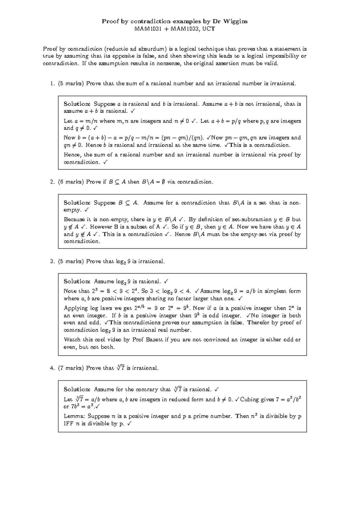 Proof by Contradiction Examples MAM1031 MAM1033 Dr Wiggins - Studocu