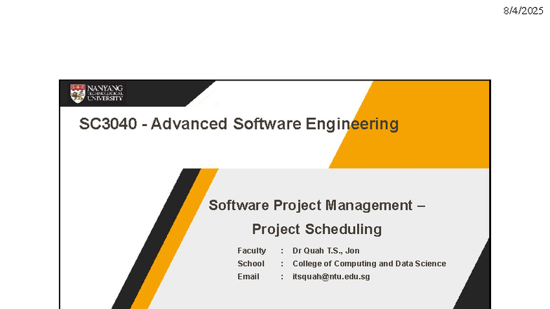 SC3040 Advanced Software Engineering - Project Scheduling Overview ...