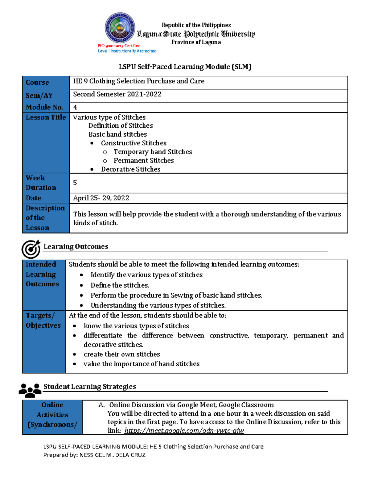 LSPU HE 9 Self-Paced Learning Module: Stitches & Sewing Techniques ...