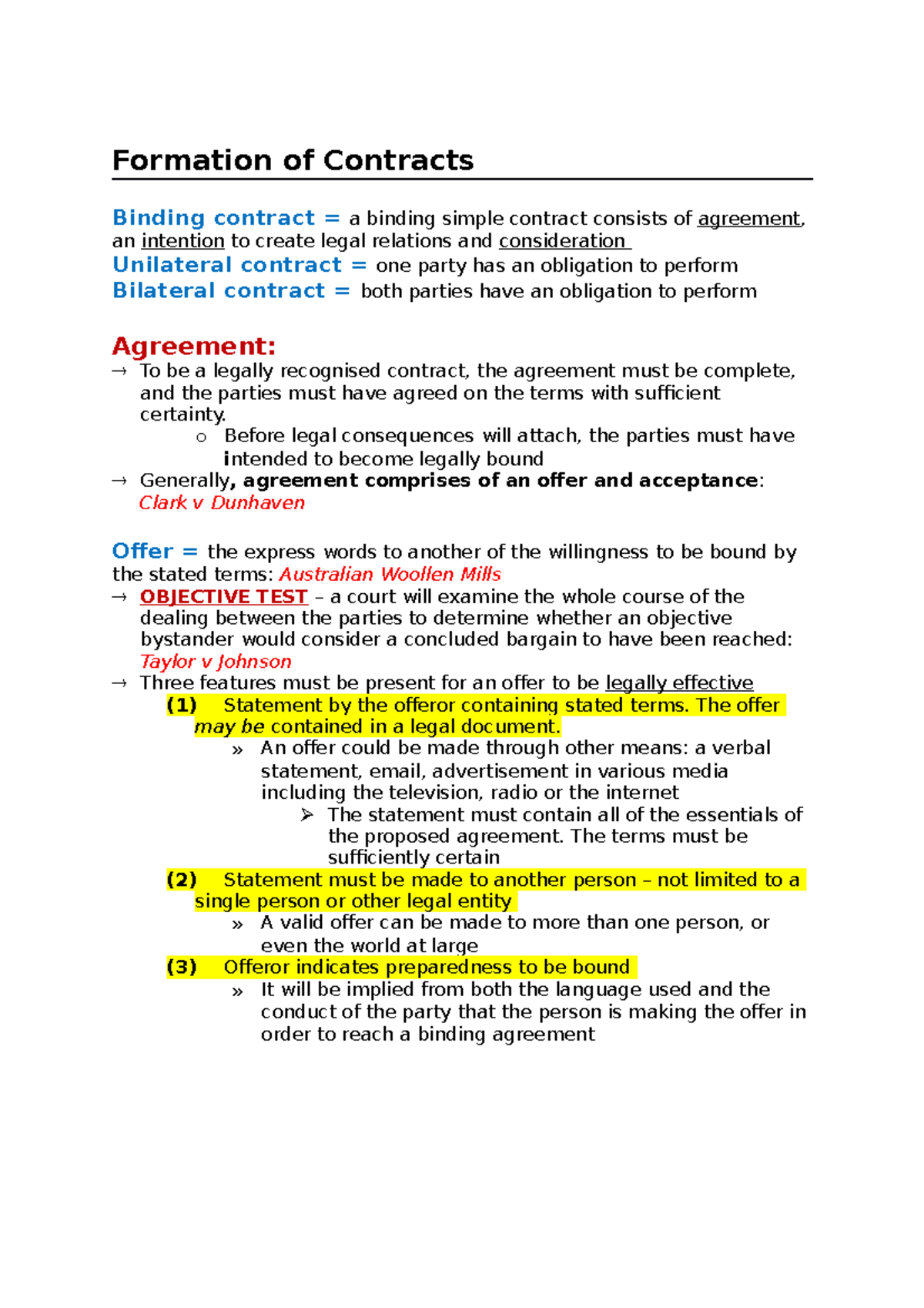 Contract Law (LAWS101) Exam Notes: Key Concepts of Formation - Studocu