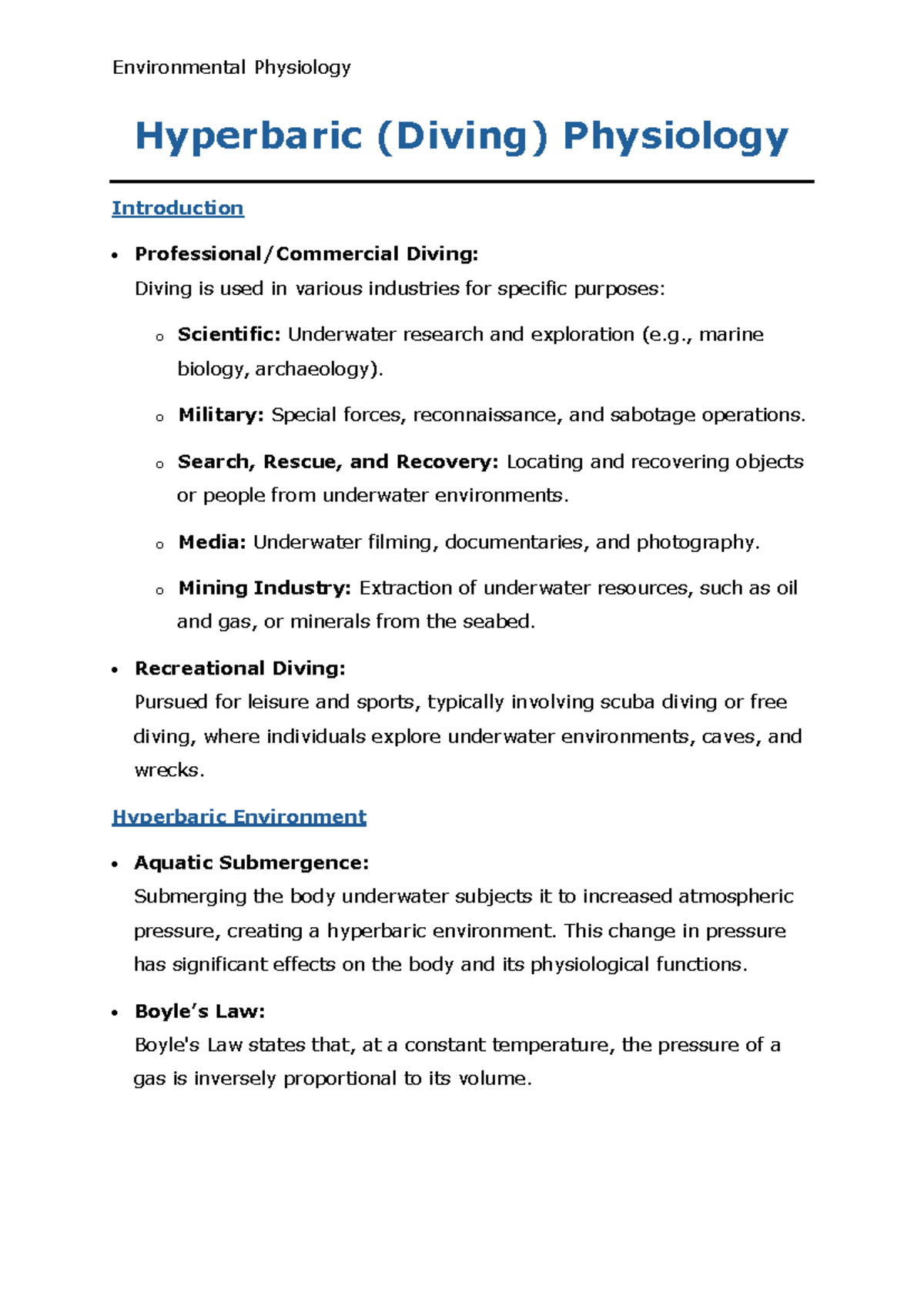 Hyperbaric Physiology: Effects of Diving on Body Functions and Health ...
