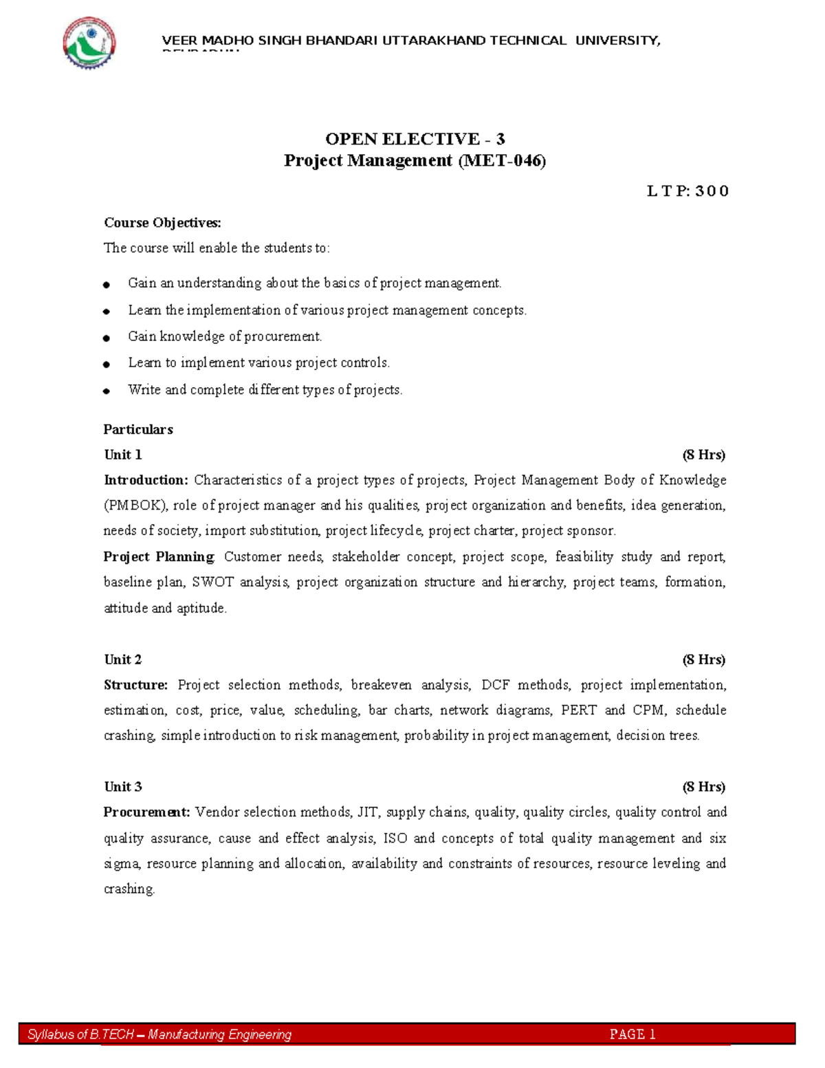 Project Management Syllabus MET-046: Open Elective 3 Overview - Studocu