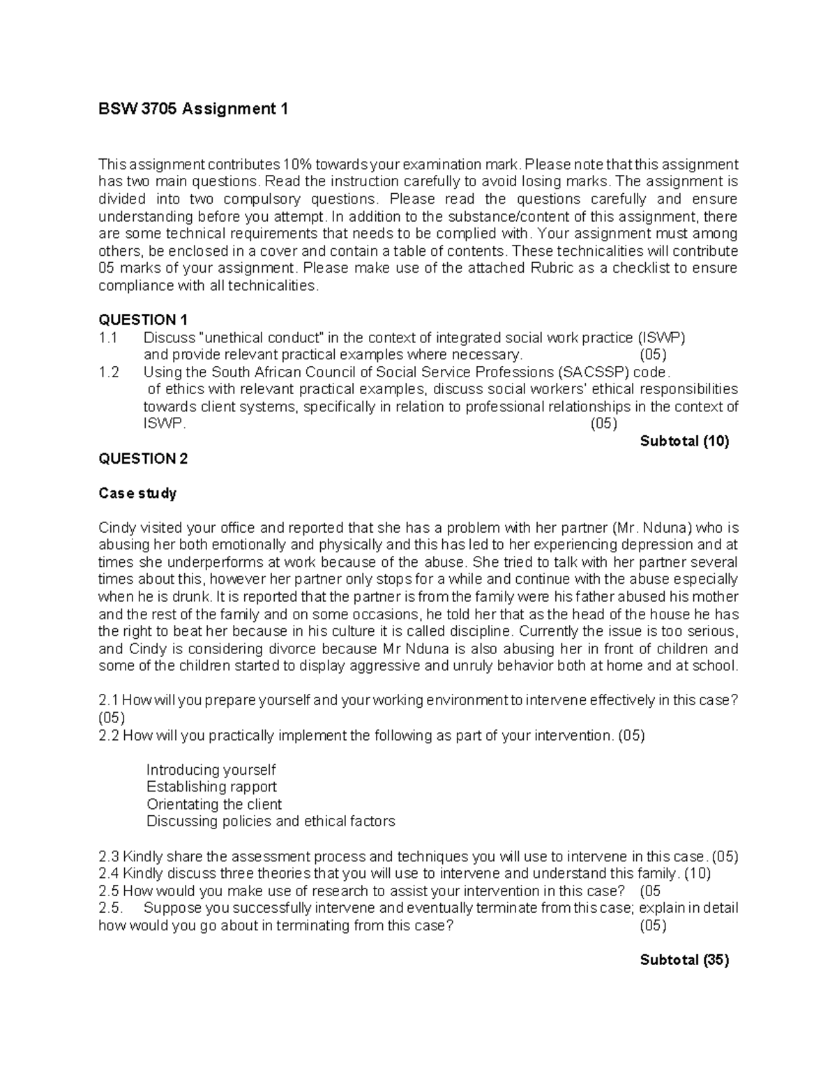 BSW 3705 Assignment 1: Ethical Responsibilities in Integrated Social ...