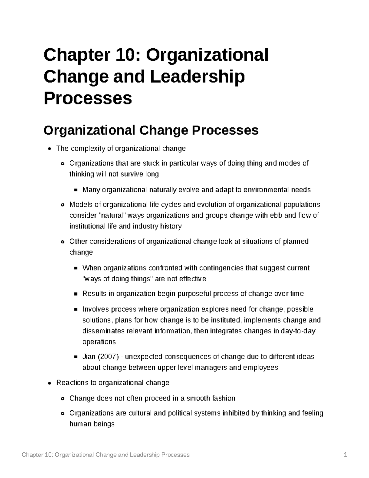 Chapter 10: Organizational Change & Leadership Processes Analysis - Studocu