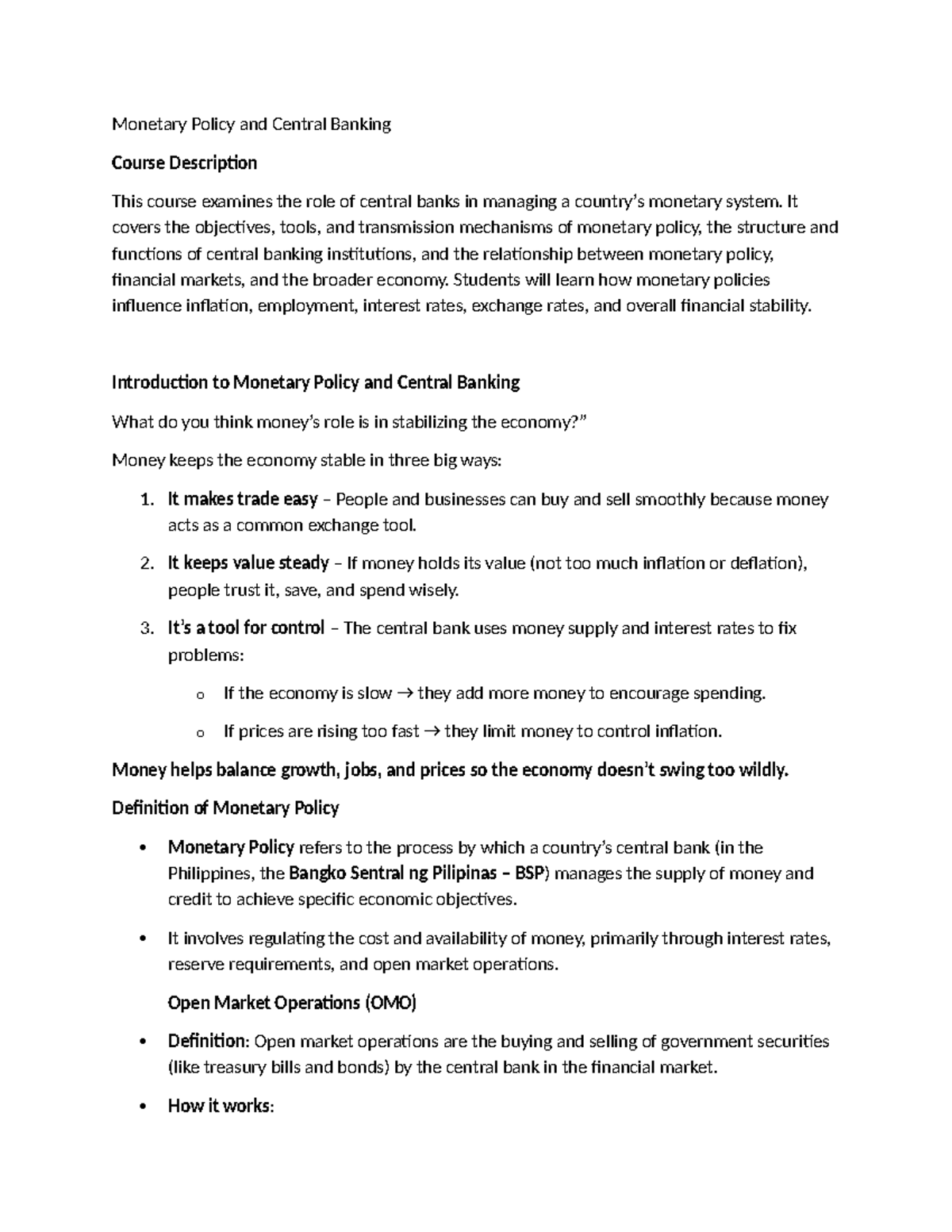 BAP FM 4 Monetary Policy & Central Banking Lecture Notes - Studocu