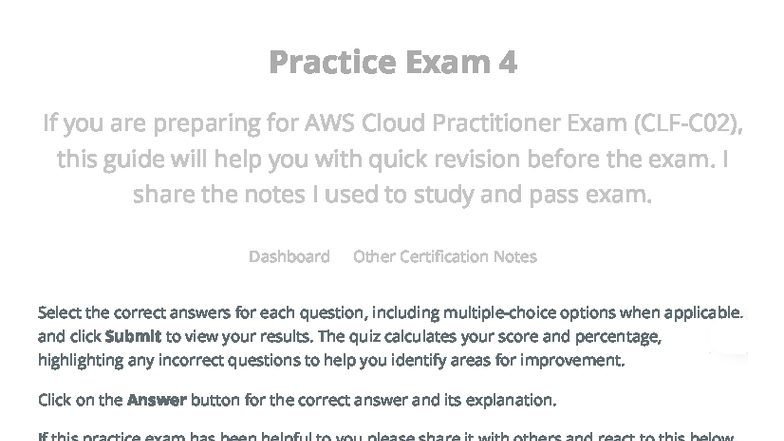 Practice Exam 4 Study Notes for AWS Cloud Practitioner (CLF-C02) - Studocu