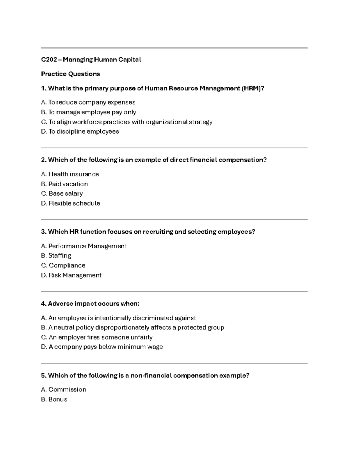 C202 Practice Questions for Managing Human Capital Exam - Studocu