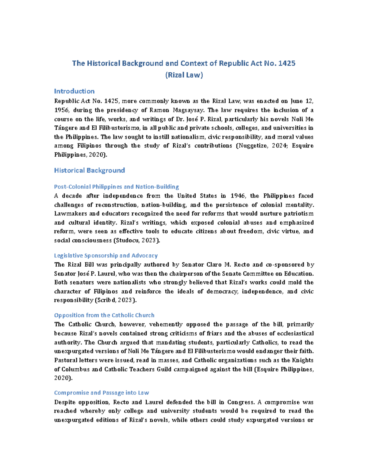 Historical Context of Republic Act No. 1425 (Rizal Law) - Studocu