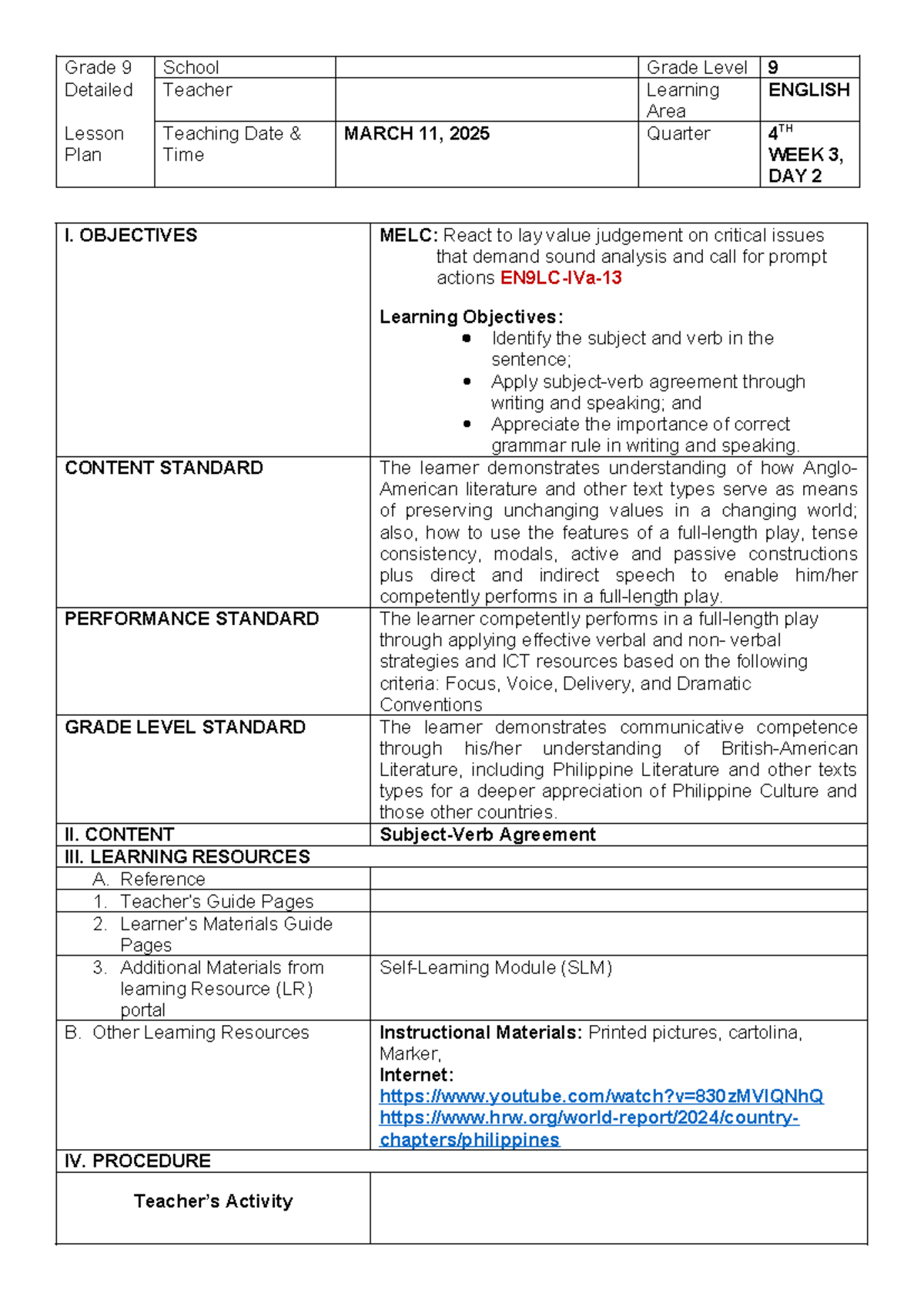 Subject-Verb Agreement Lesson Plan for Grade 9 (EN9LC-IVa) - Studocu