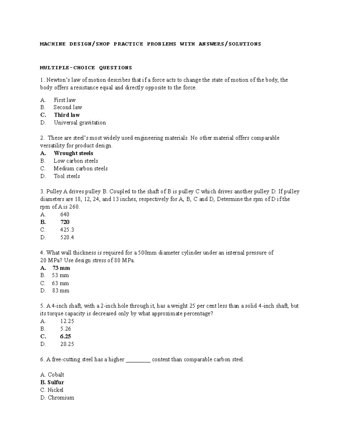 MACHINE DESIGN/SHOP PRACTICE MCQs WITH ANSWERS - Studocu