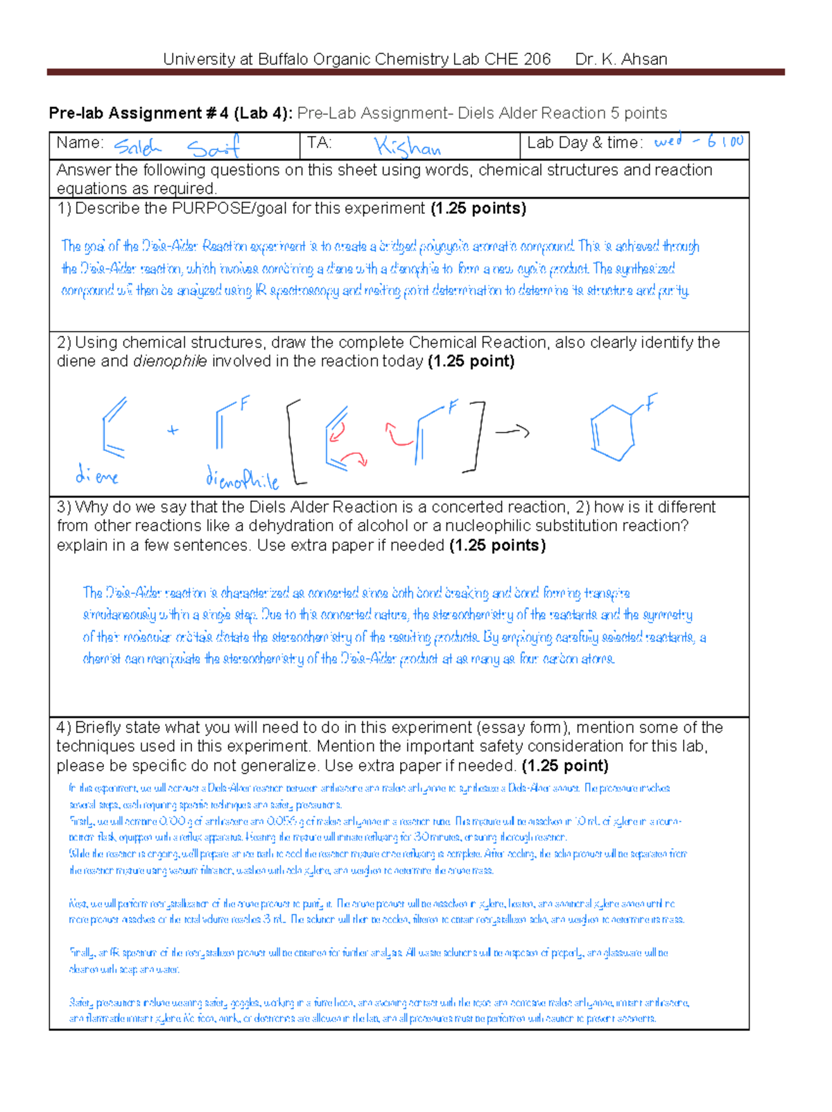 Pre lab 4 - Pre lab 4 - University at Buffalo Organic Chemistry Lab CHE ...